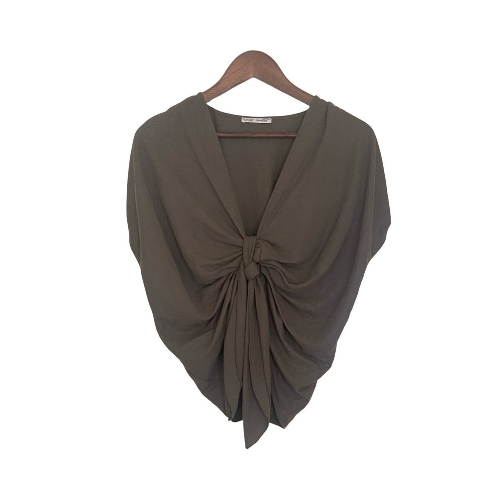 Zara Woman Basic Olive Brown Knotted Front Draped V-Neck Blouse Small